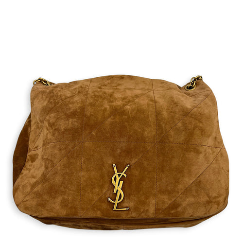 Jamie Shoulder Bag Brown in Suede Leather, Gold hardware