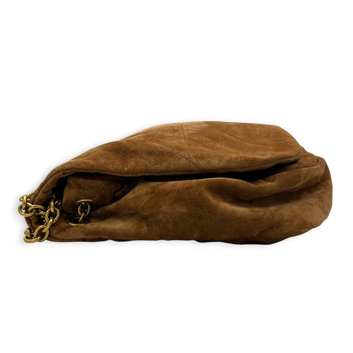 Jamie Shoulder Bag Brown in Suede Leather, Gold hardware