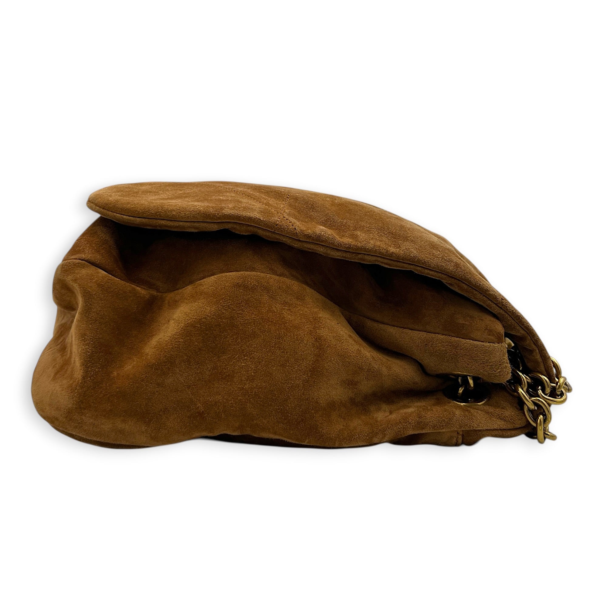 Jamie Shoulder Bag Brown in Suede Leather, Gold hardware