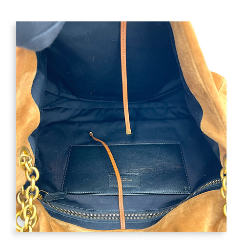 Jamie Shoulder Bag Brown in Suede Leather, Gold hardware