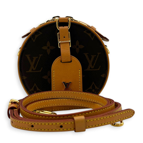Boite Chapeau Petite Brown Shoulder Bag in Coated Canvas, Gold hardware