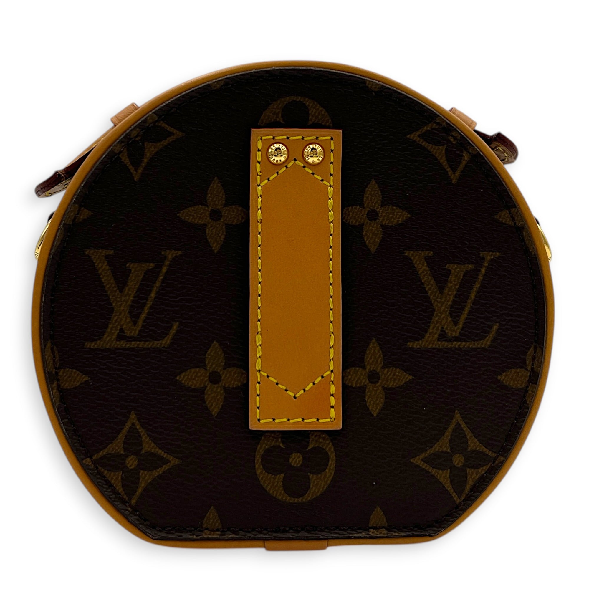 Boite Chapeau Petite Brown Shoulder Bag in Coated Canvas, Gold hardware