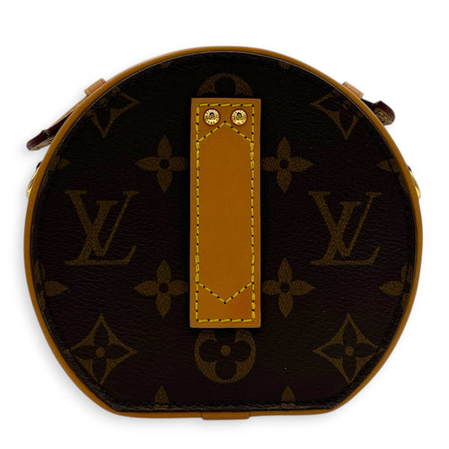 Boite Chapeau Petite Brown Shoulder Bag in Coated Canvas, Gold hardware