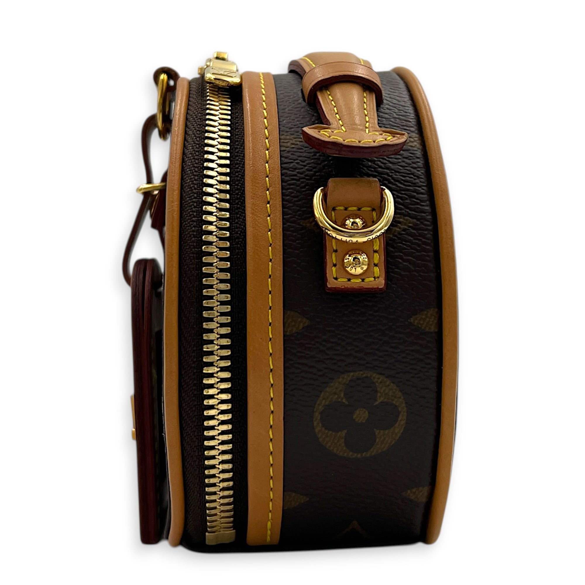 Boite Chapeau Petite Brown Shoulder Bag in Coated Canvas, Gold hardware