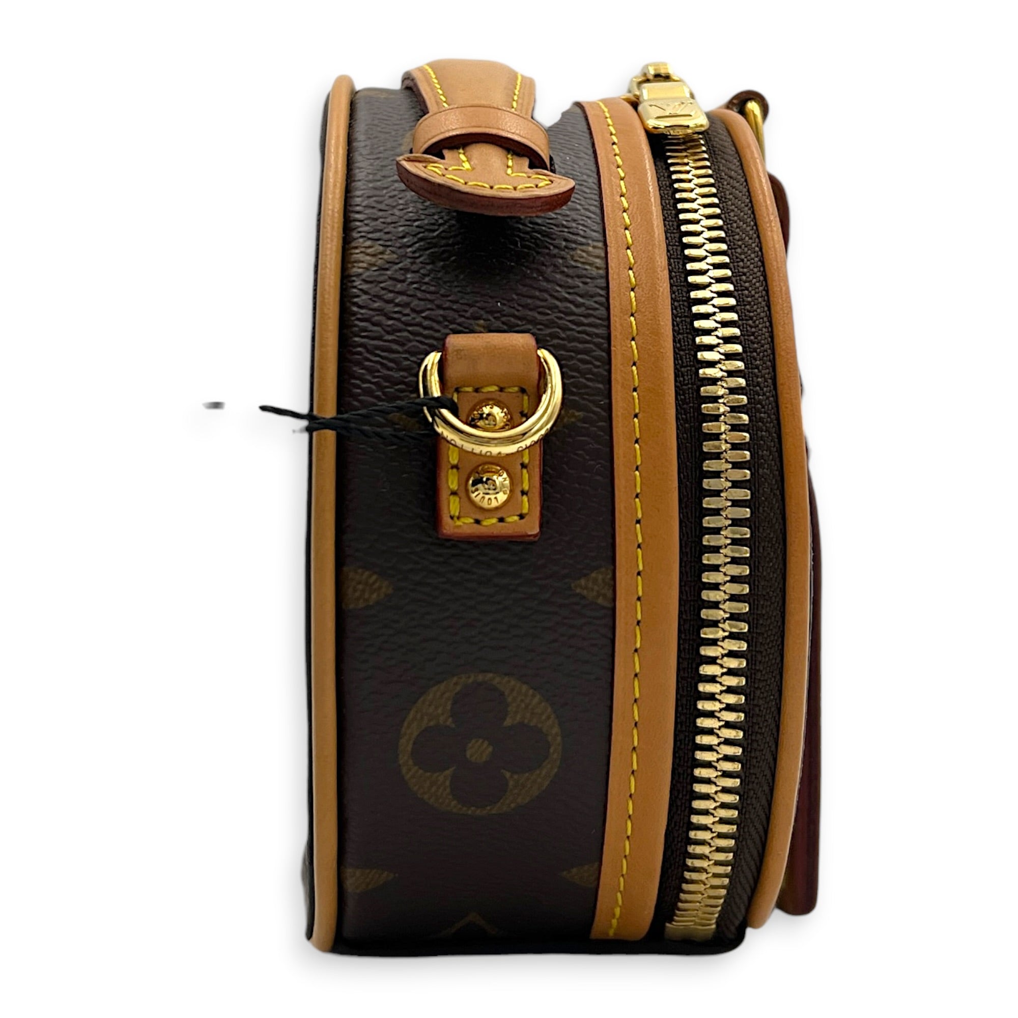 Boite Chapeau Petite Brown Shoulder Bag in Coated Canvas, Gold hardware