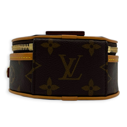 Boite Chapeau Petite Brown Shoulder Bag in Coated Canvas, Gold hardware