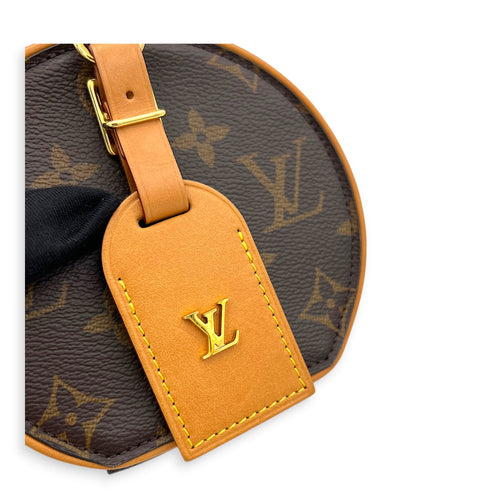 Boite Chapeau Petite Brown Shoulder Bag in Coated Canvas, Gold hardware
