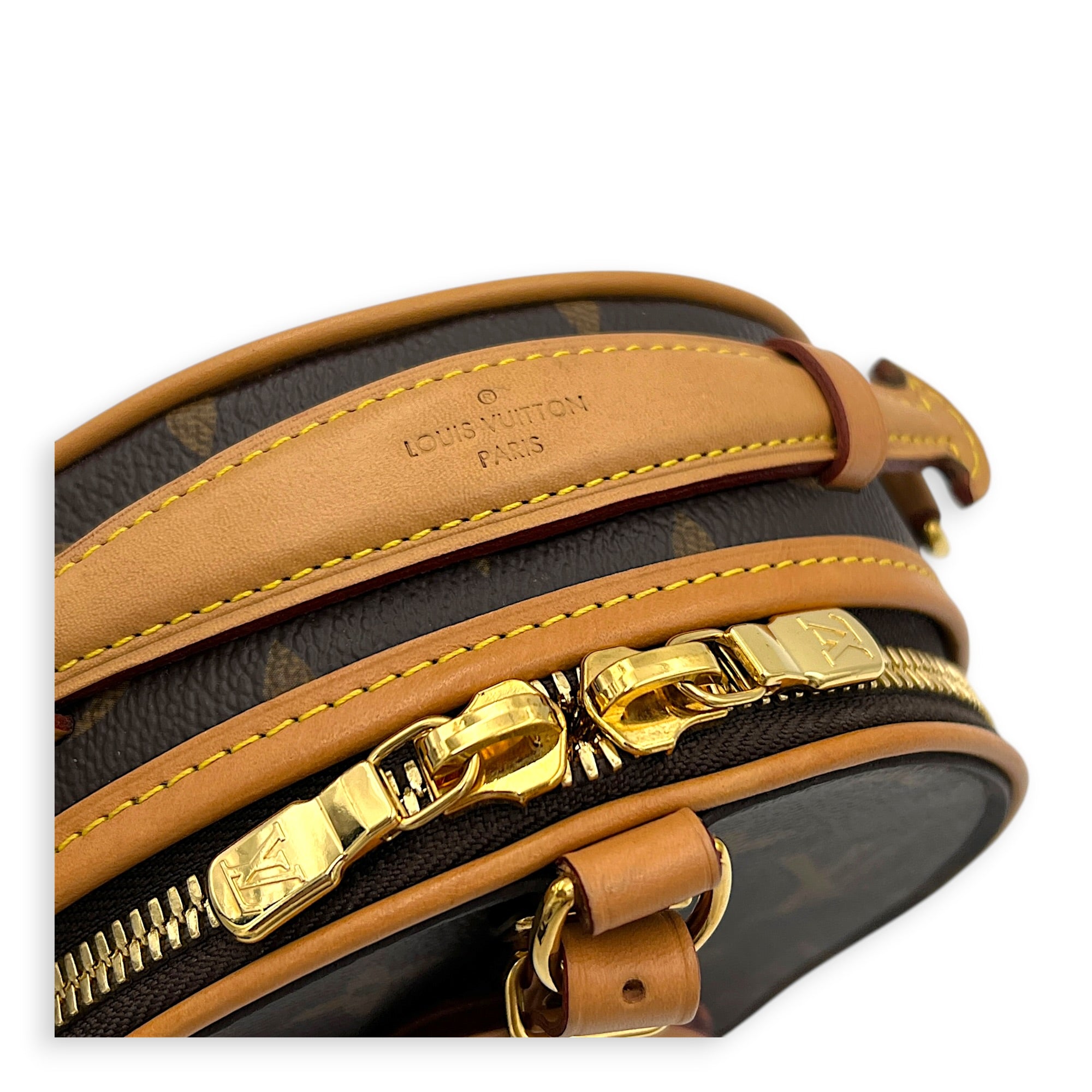 Boite Chapeau Petite Brown Shoulder Bag in Coated Canvas, Gold hardware