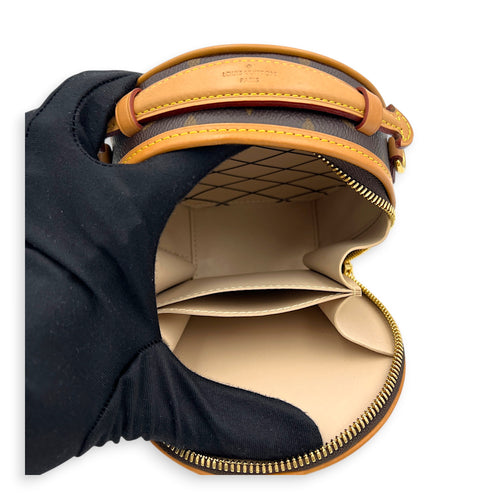 Boite Chapeau Petite Brown Shoulder Bag in Coated Canvas, Gold hardware