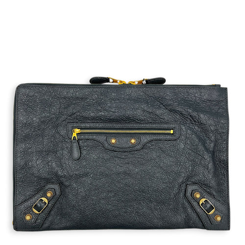 City Clutch Grey in Calfskin, Gold hardware