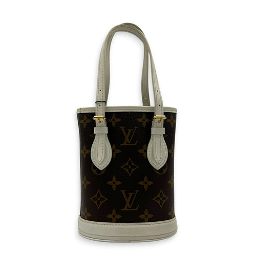 Nano Bucket Top Handle Bag Brown in Coated Canvas, Gold hardware