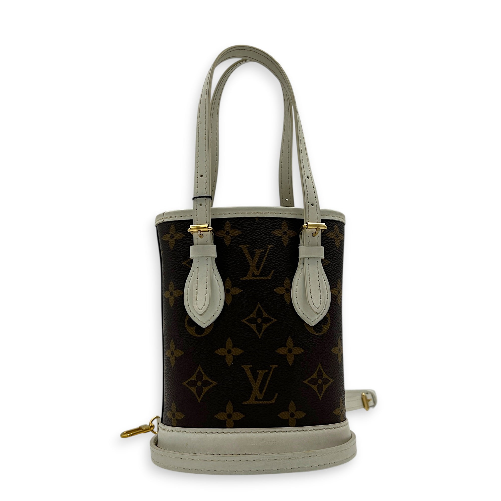 Nano Bucket Top Handle Bag Brown in Coated Canvas, Gold hardware