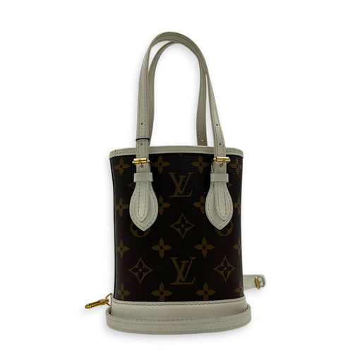 Nano Bucket Top Handle Bag Brown in Coated Canvas, Gold hardware