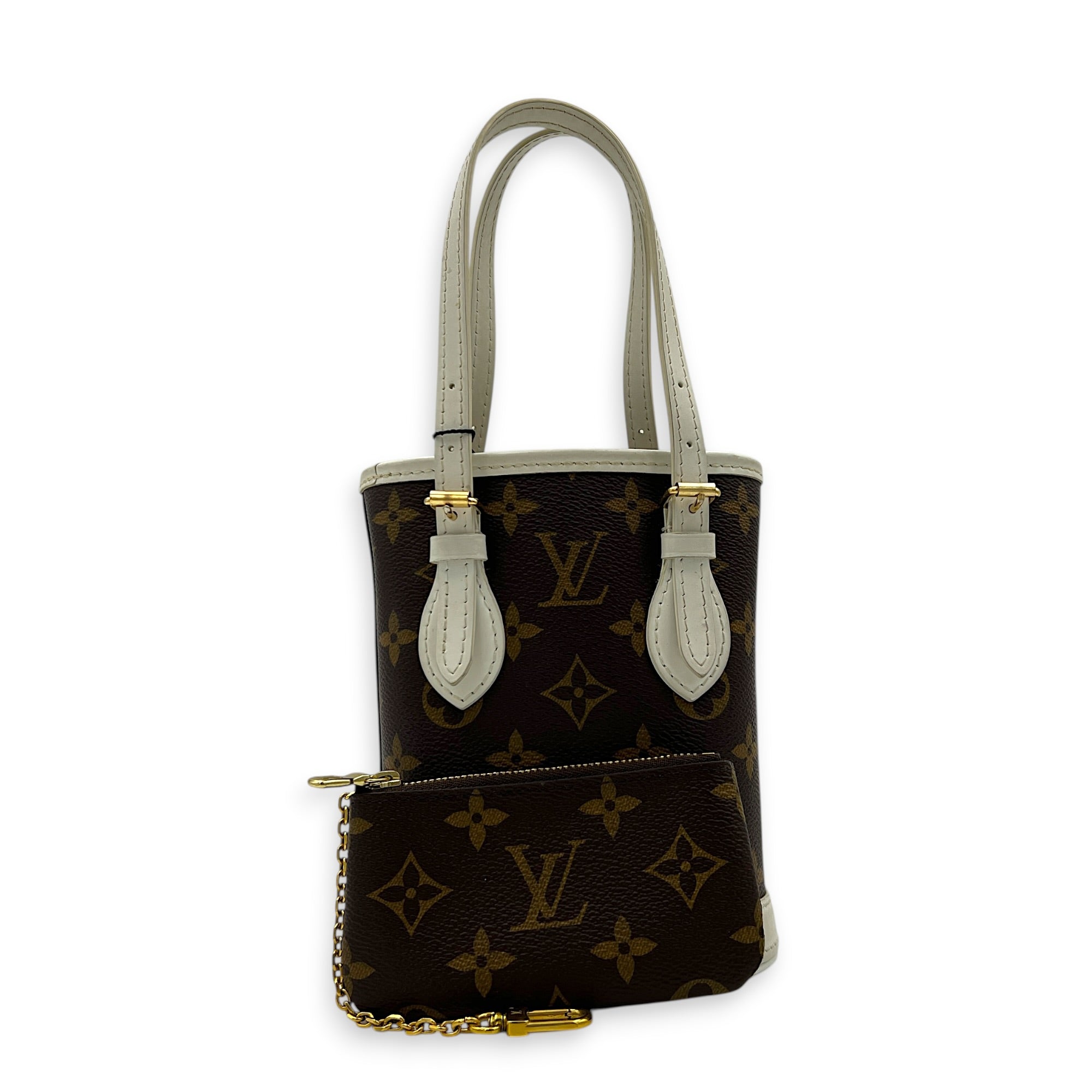Nano Bucket Top Handle Bag Brown in Coated Canvas, Gold hardware
