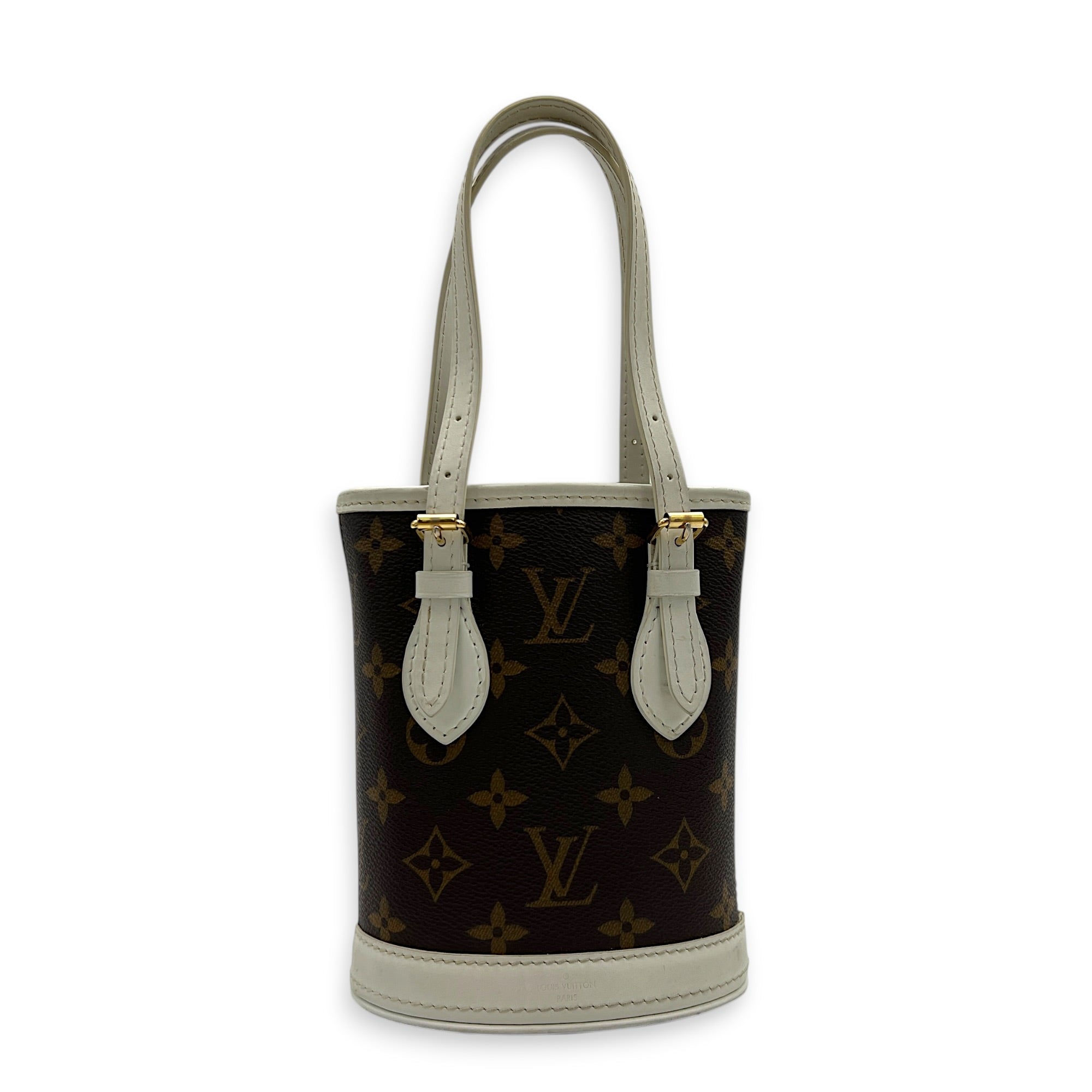 Nano Bucket Top Handle Bag Brown in Coated Canvas, Gold hardware