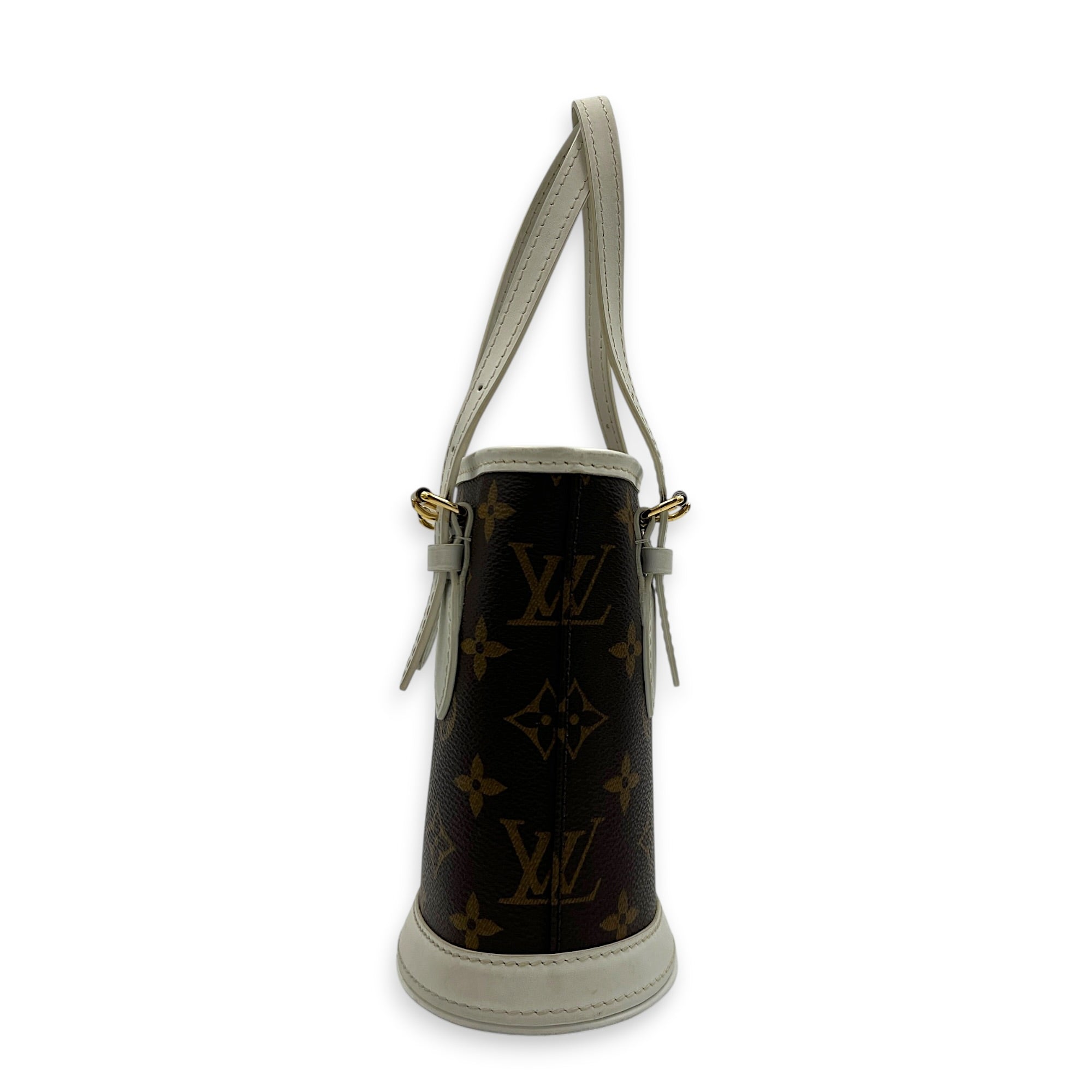 Nano Bucket Top Handle Bag Brown in Coated Canvas, Gold hardware