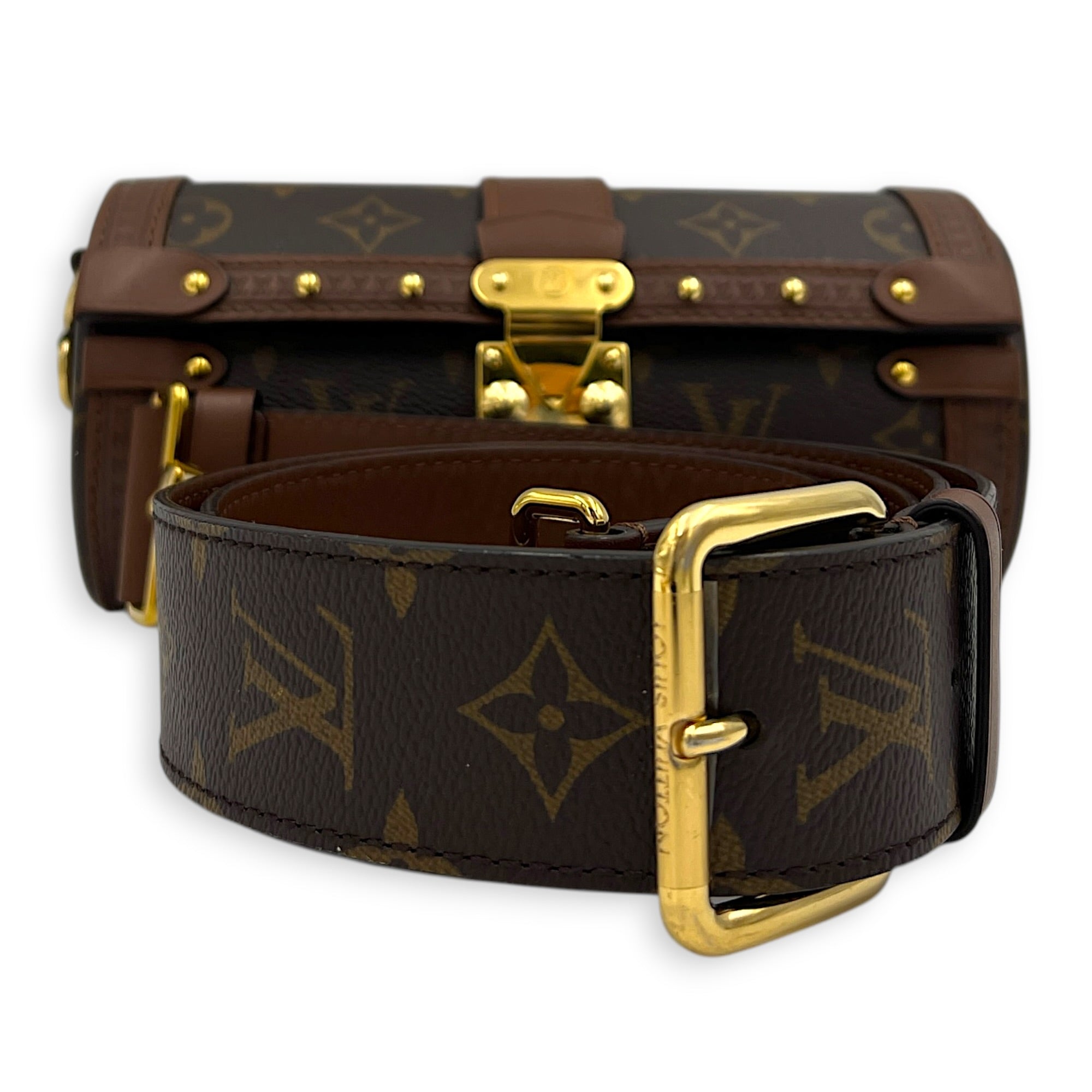Papillon Trunk Shoulder Bag Brown in Monogram Coated Canvas, Gold hardware