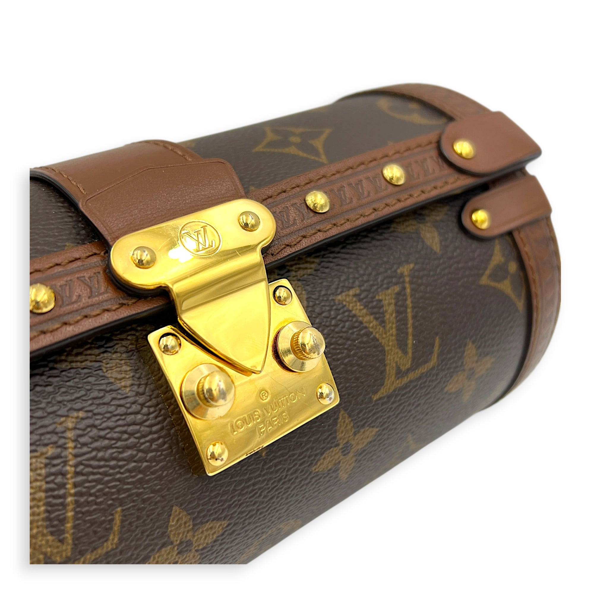 Papillon Trunk Shoulder Bag Brown in Monogram Coated Canvas, Gold hardware