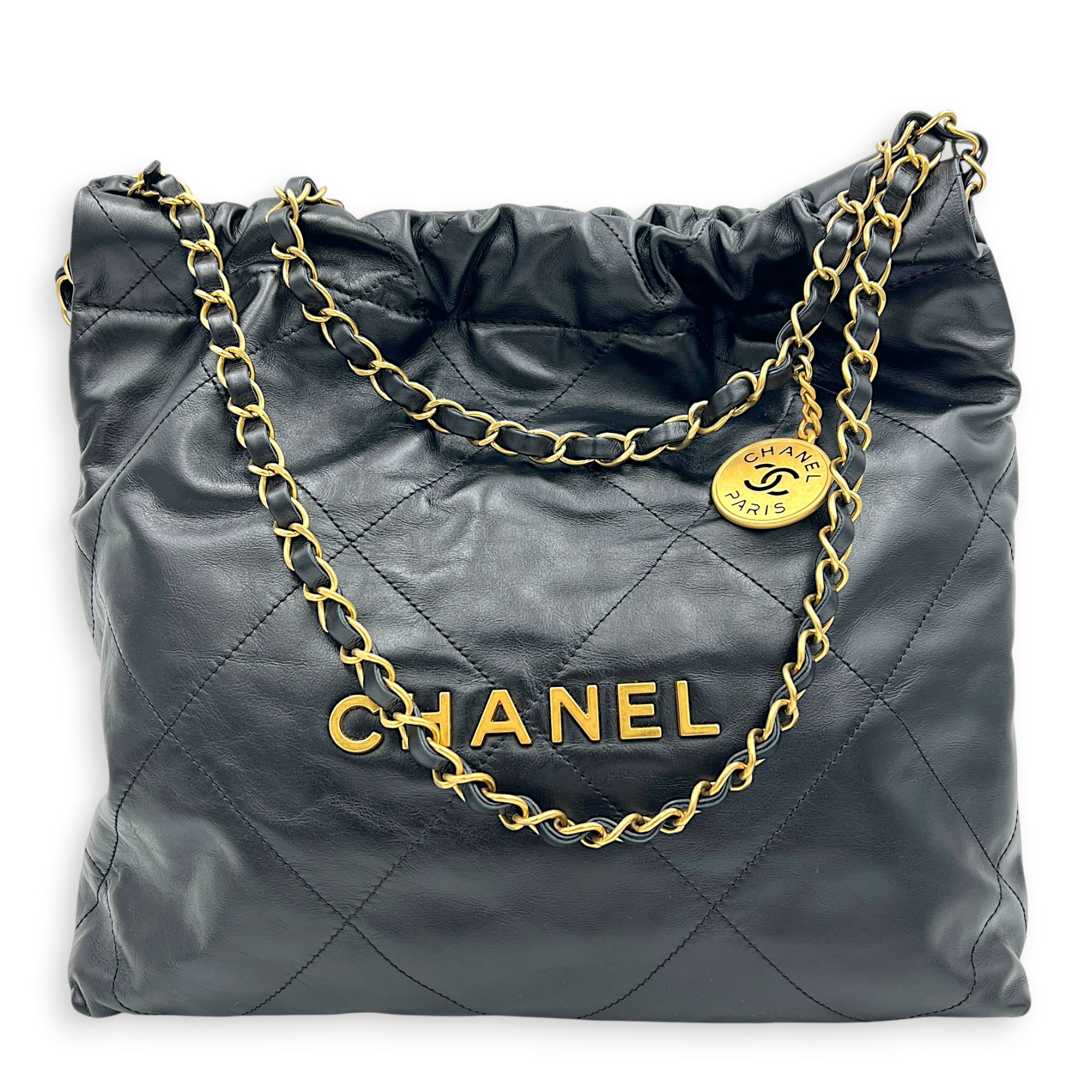 22 Tote Small Black Shoulder Bag in Calfskin, Gold hardware