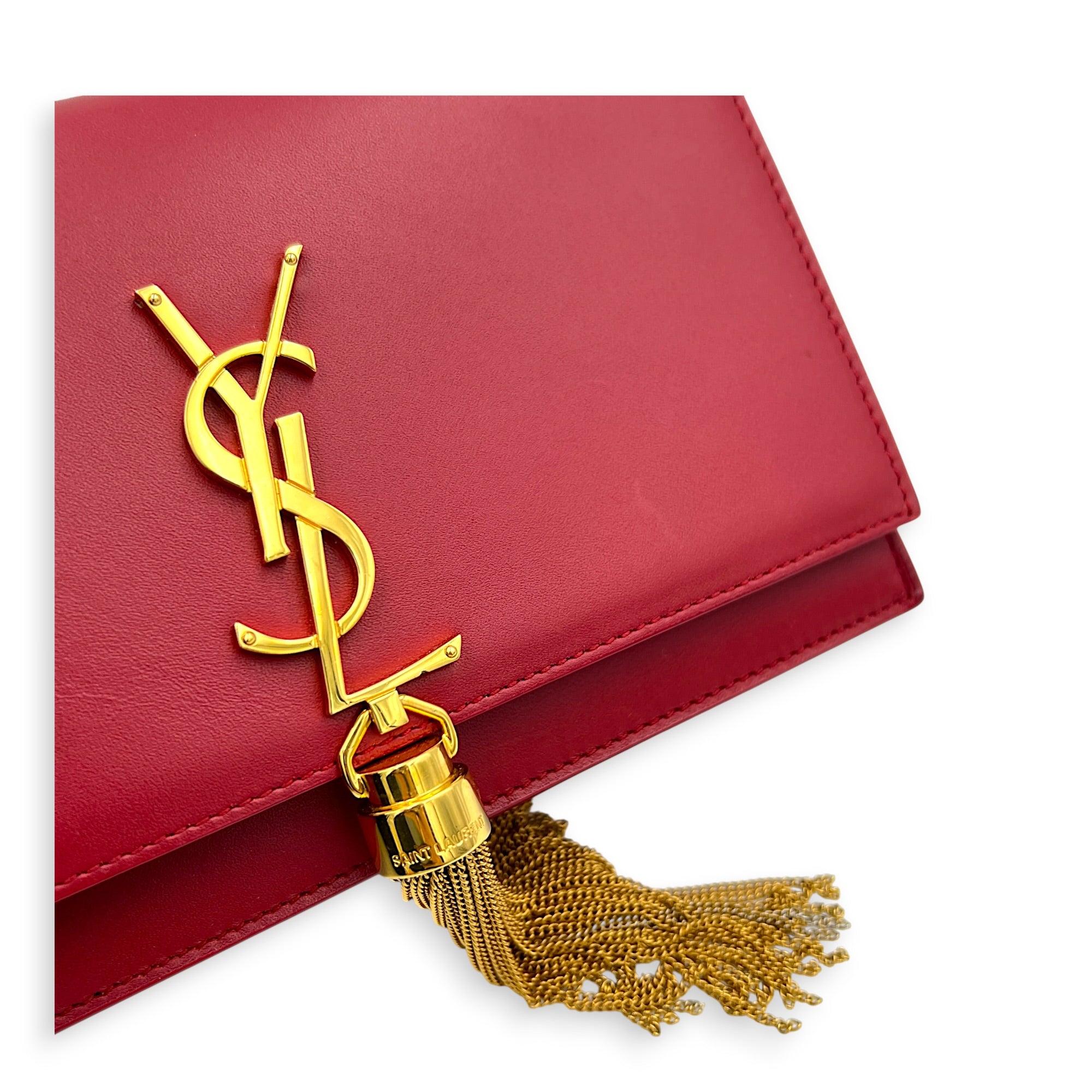 Kate Wallet On Chain Red in Calfskin, Gold hardware