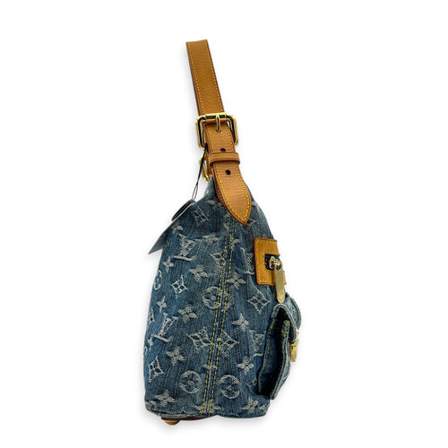 Baggy Shoulder Bag Blue in Denim, Gold hardware