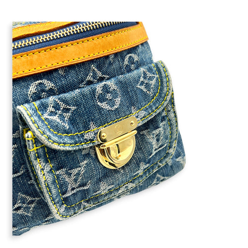 Baggy Shoulder Bag Blue in Denim, Gold hardware