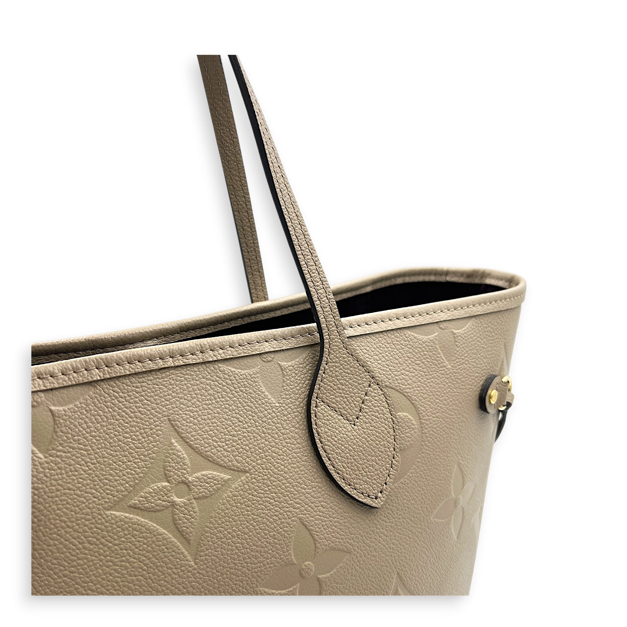 Neverfull MM Beige Tote Bag in Empreinte Leather, Gold hardware