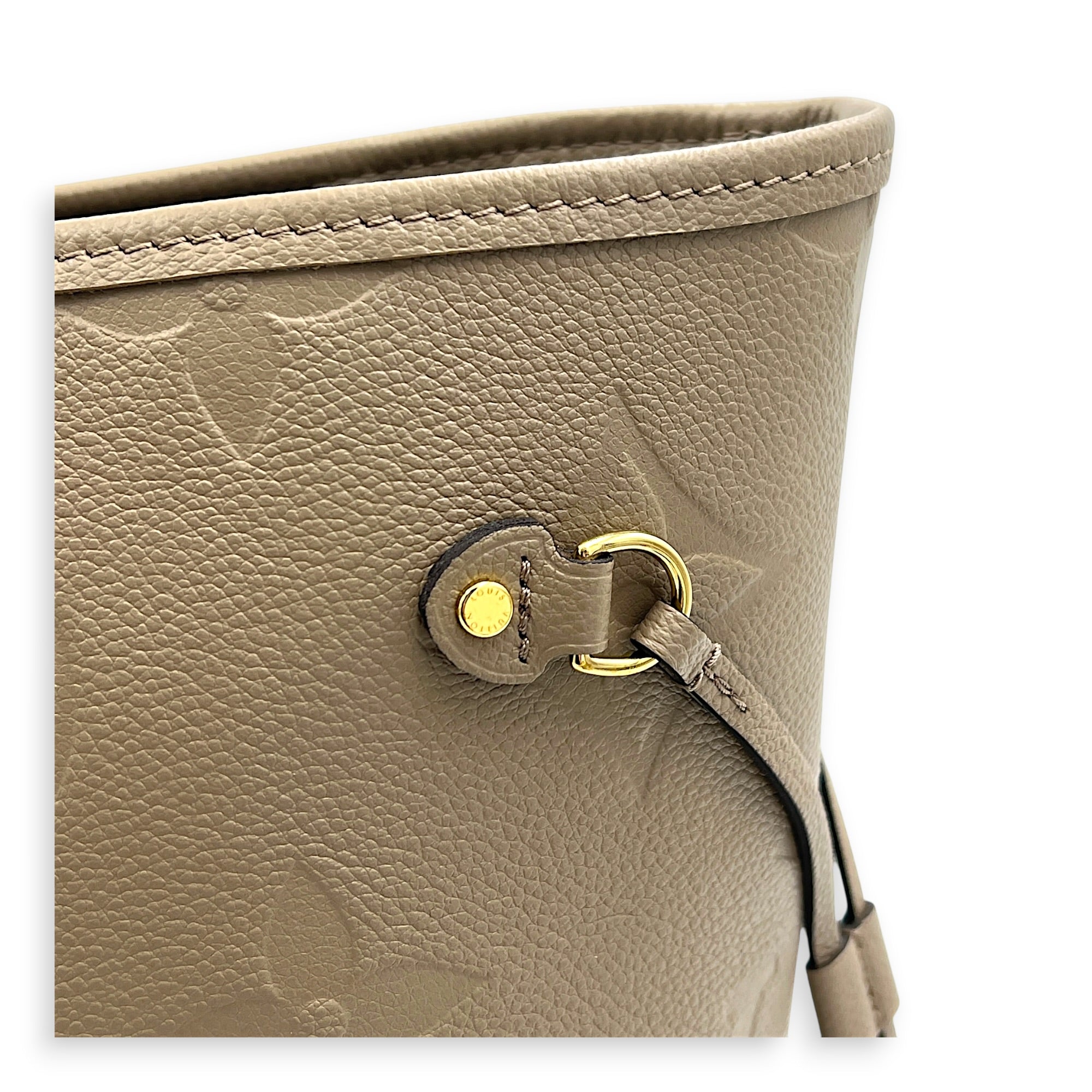 Neverfull MM Beige Tote Bag in Empreinte Leather, Gold hardware