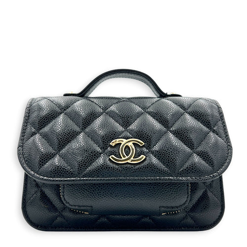 Business Affinity Mini Black Top Handle Bag in Caviar Leather, Gold hardware