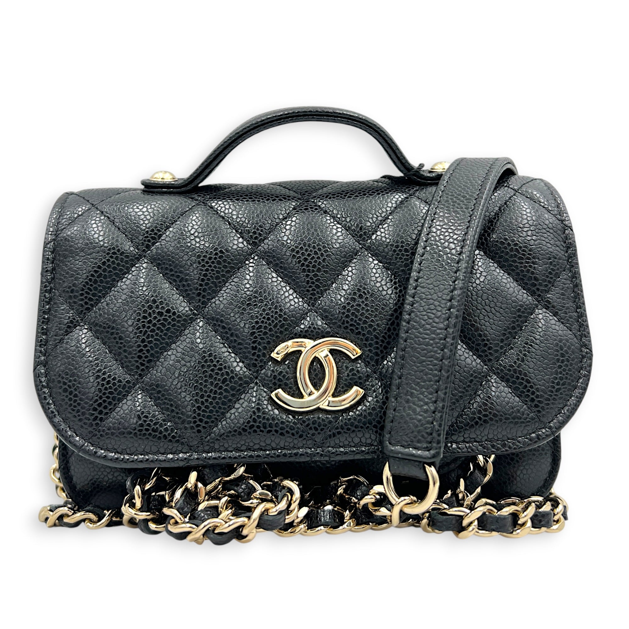 Business Affinity Mini Black Top Handle Bag in Caviar Leather, Gold hardware