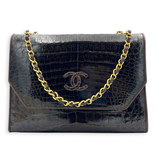 CC Vintage Flap Brown Shoulder Bag in Crocodile Leather, Gold hardware