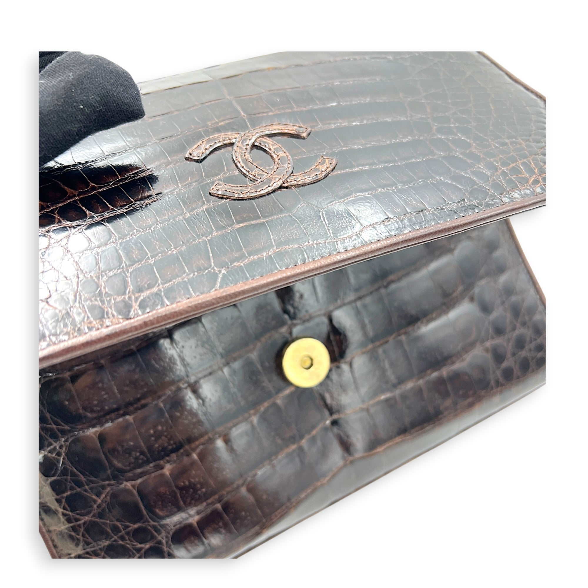 CC Vintage Flap Brown Shoulder Bag in Crocodile Leather, Gold hardware