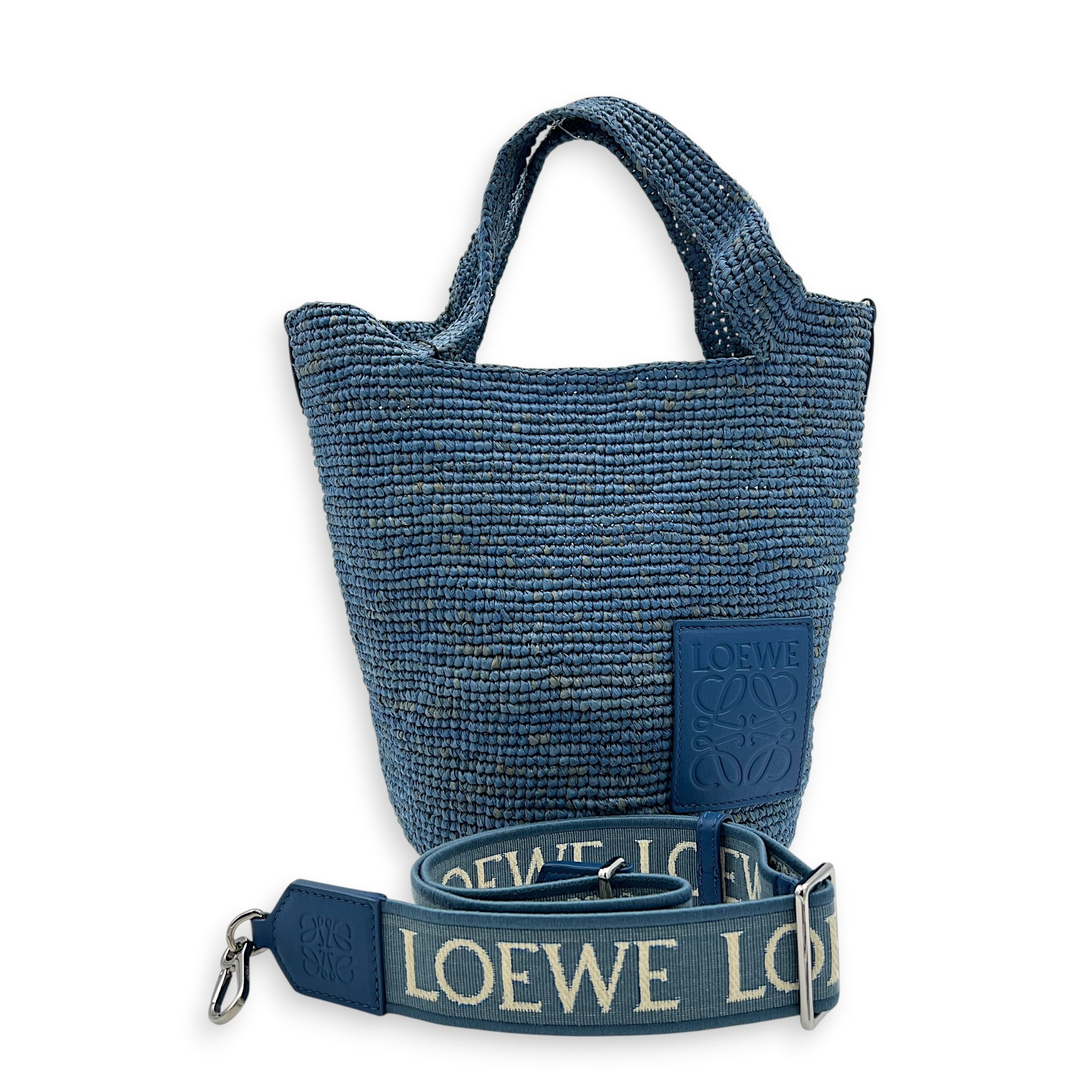 Anagram Top Handle Bag Blue in Raffia, Silver hardware