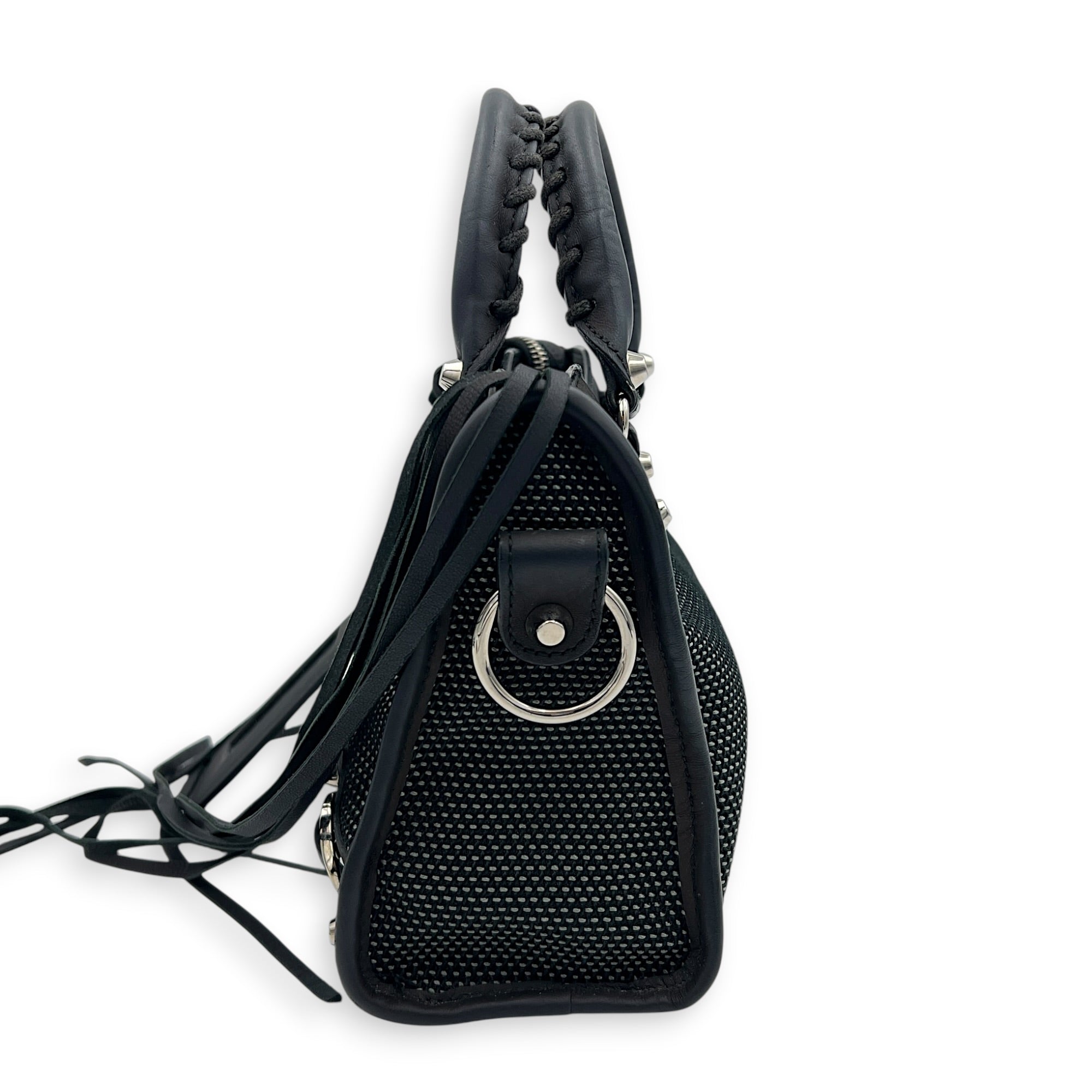 City Small Woven Top Handle Bag in Calfskin, Silver hardware