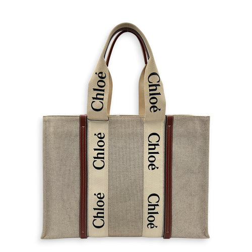 Woody Large Beige Tote Bag in Canvas, Others hardware