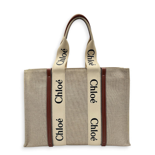 Woody Large Beige Tote Bag in Canvas, Others hardware