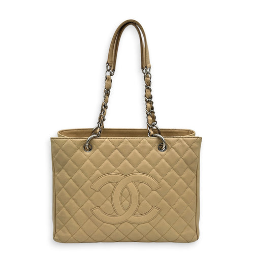 GST Tote Bag Beige in Caviar Leather, Silver hardware