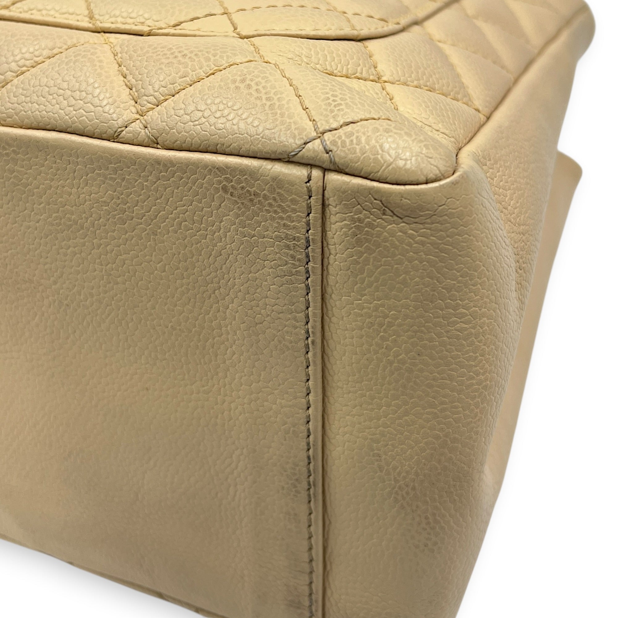 GST Tote Bag Beige in Caviar Leather, Silver hardware
