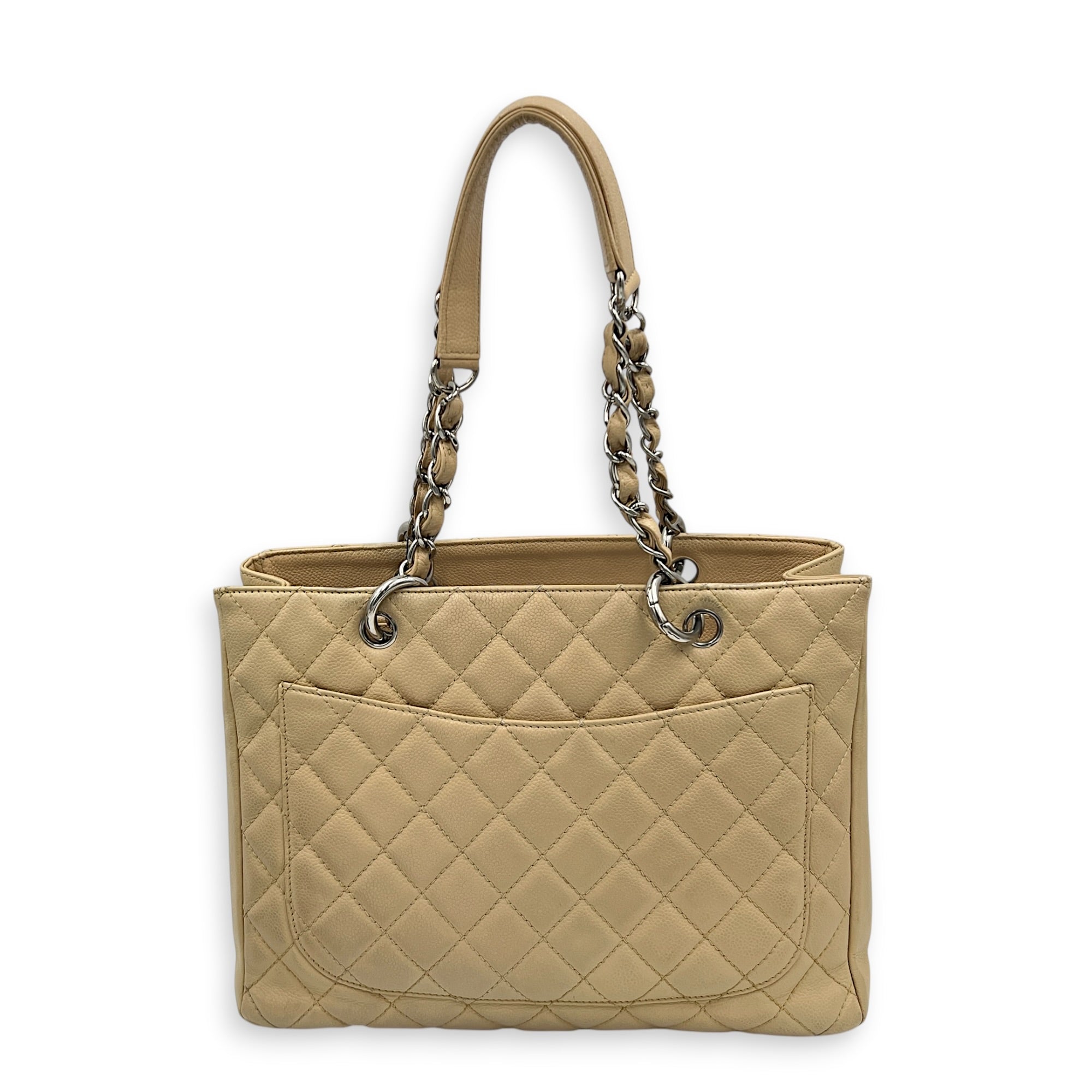 GST Tote Bag Beige in Caviar Leather, Silver hardware