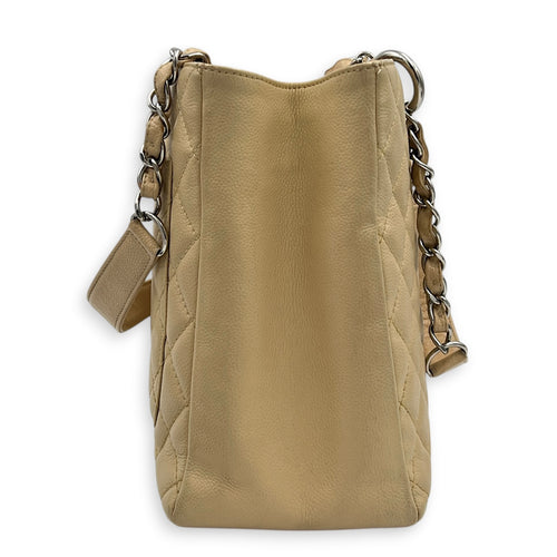 GST Tote Bag Beige in Caviar Leather, Silver hardware