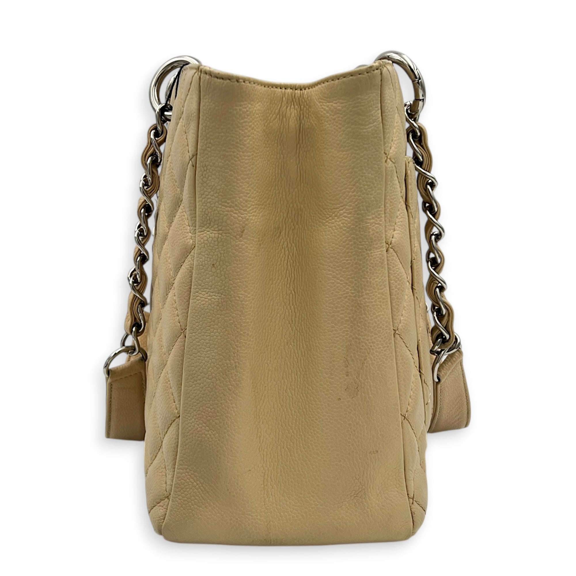 GST Tote Bag Beige in Caviar Leather, Silver hardware