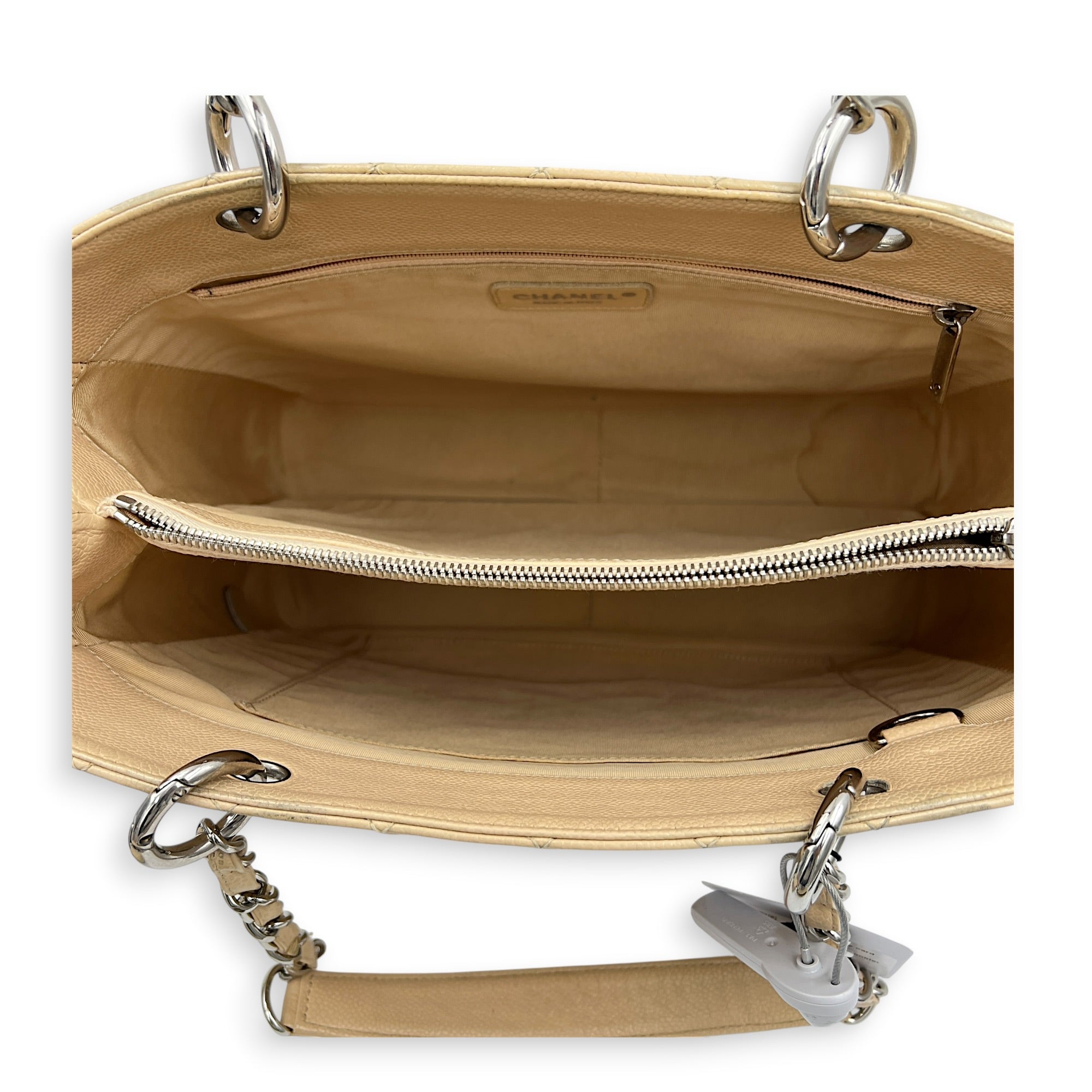 GST Tote Bag Beige in Caviar Leather, Silver hardware