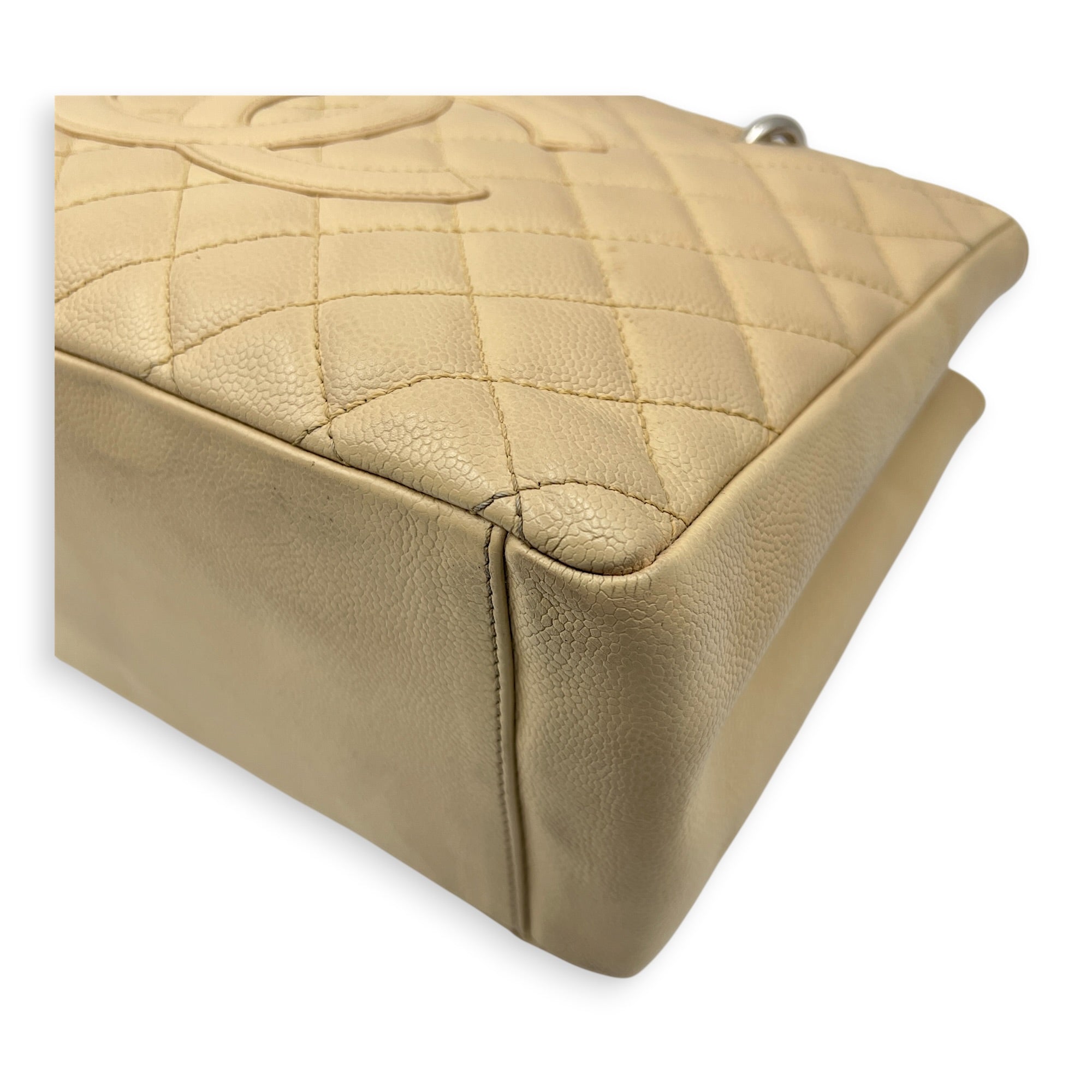 GST Tote Bag Beige in Caviar Leather, Silver hardware