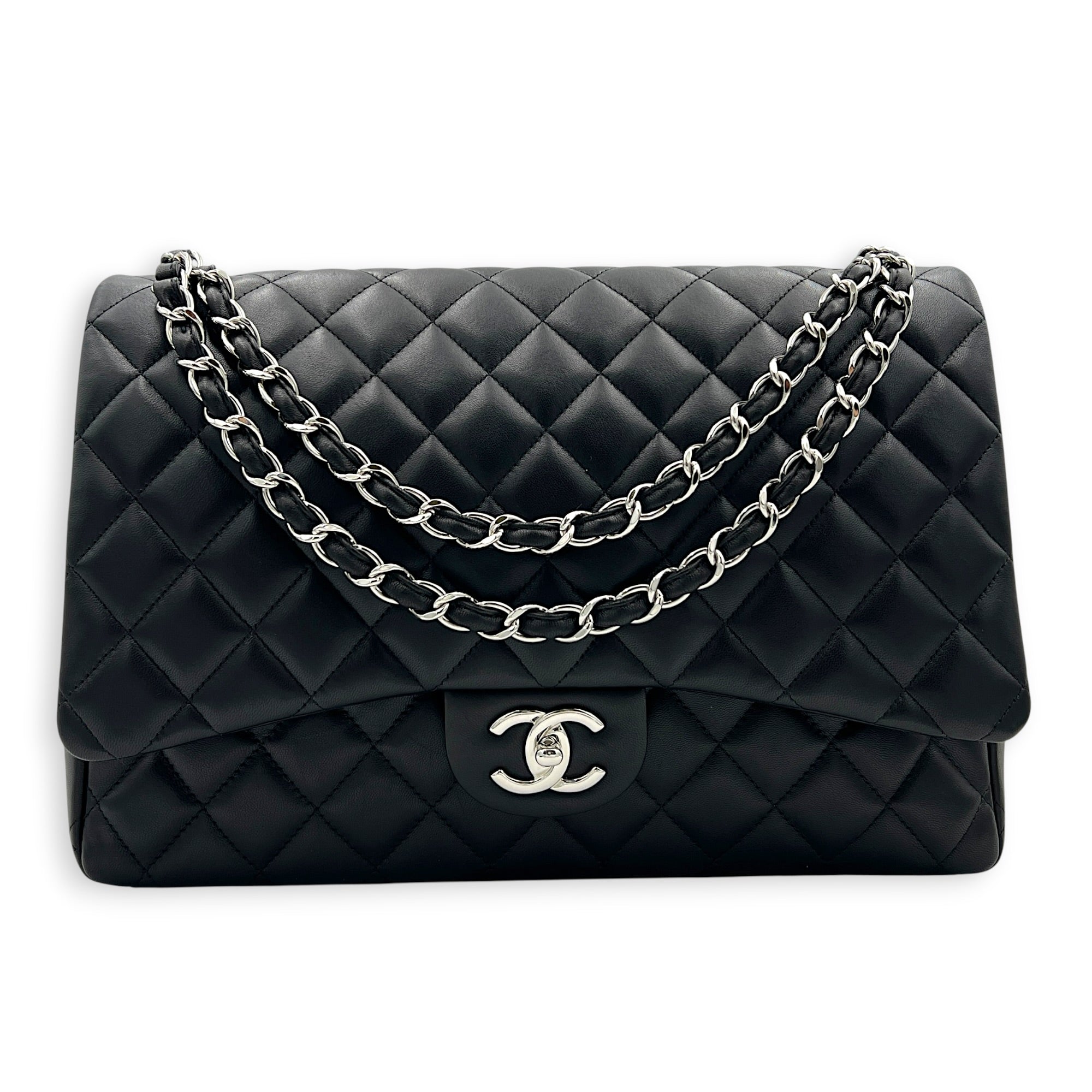 Classic Shoulder Bag Maxi Black in Lambskin, Silver hardware