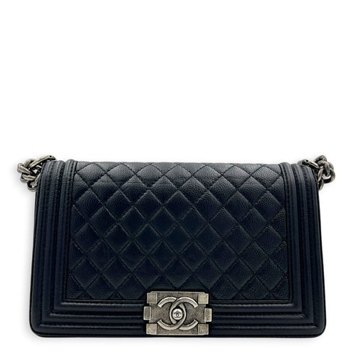 Boy Shoulder Bag Medium Black in Caviar Leather, Silver hardware