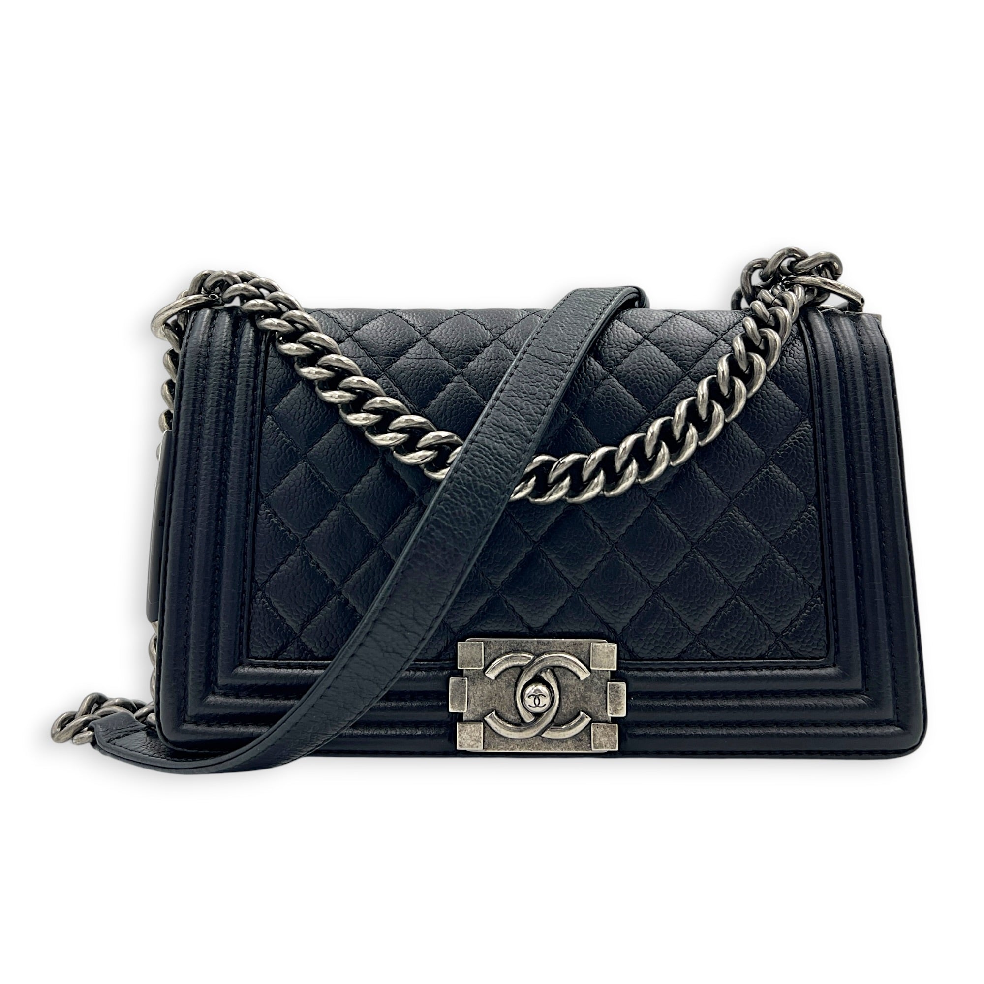 Boy Shoulder Bag Medium Black in Caviar Leather, Silver hardware