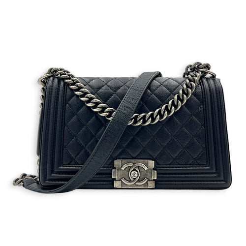 Boy Shoulder Bag Medium Black in Caviar Leather, Silver hardware