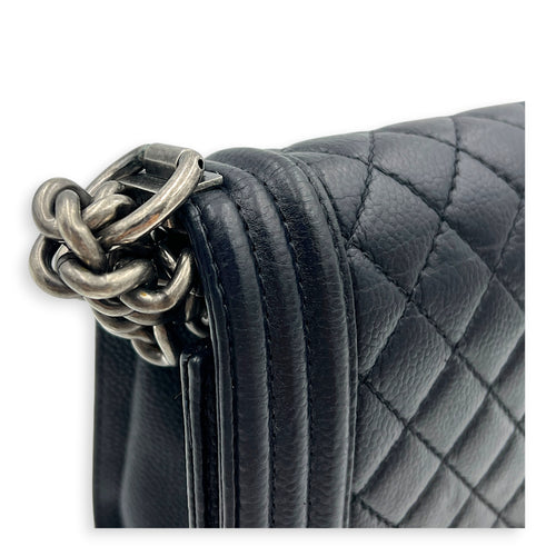 Boy Shoulder Bag Medium Black in Caviar Leather, Silver hardware