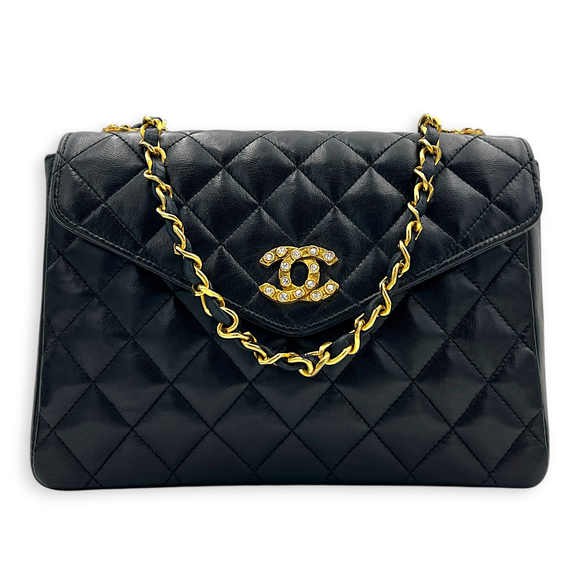 Vintage CC Crystal Shoulder Bag Black in Lambskin, Gold hardware