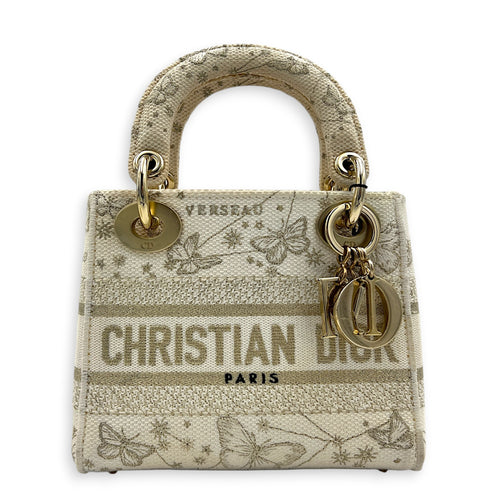 Lady D-Lite Top Handle Bag Mini White in Canvas, Gold hardware